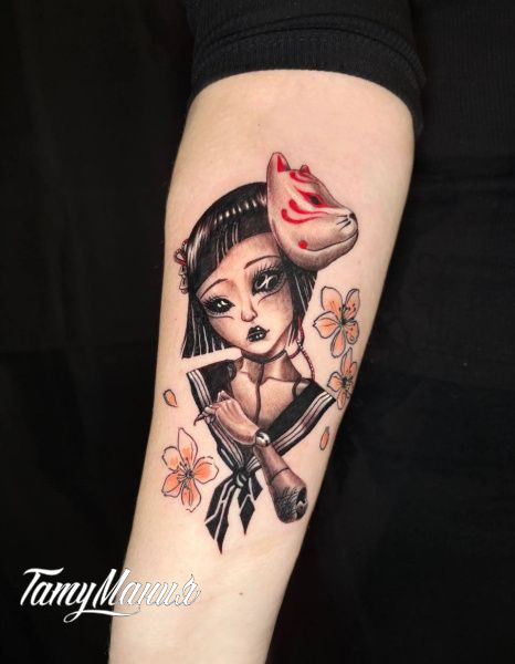 Тату аниме с маской кицуне