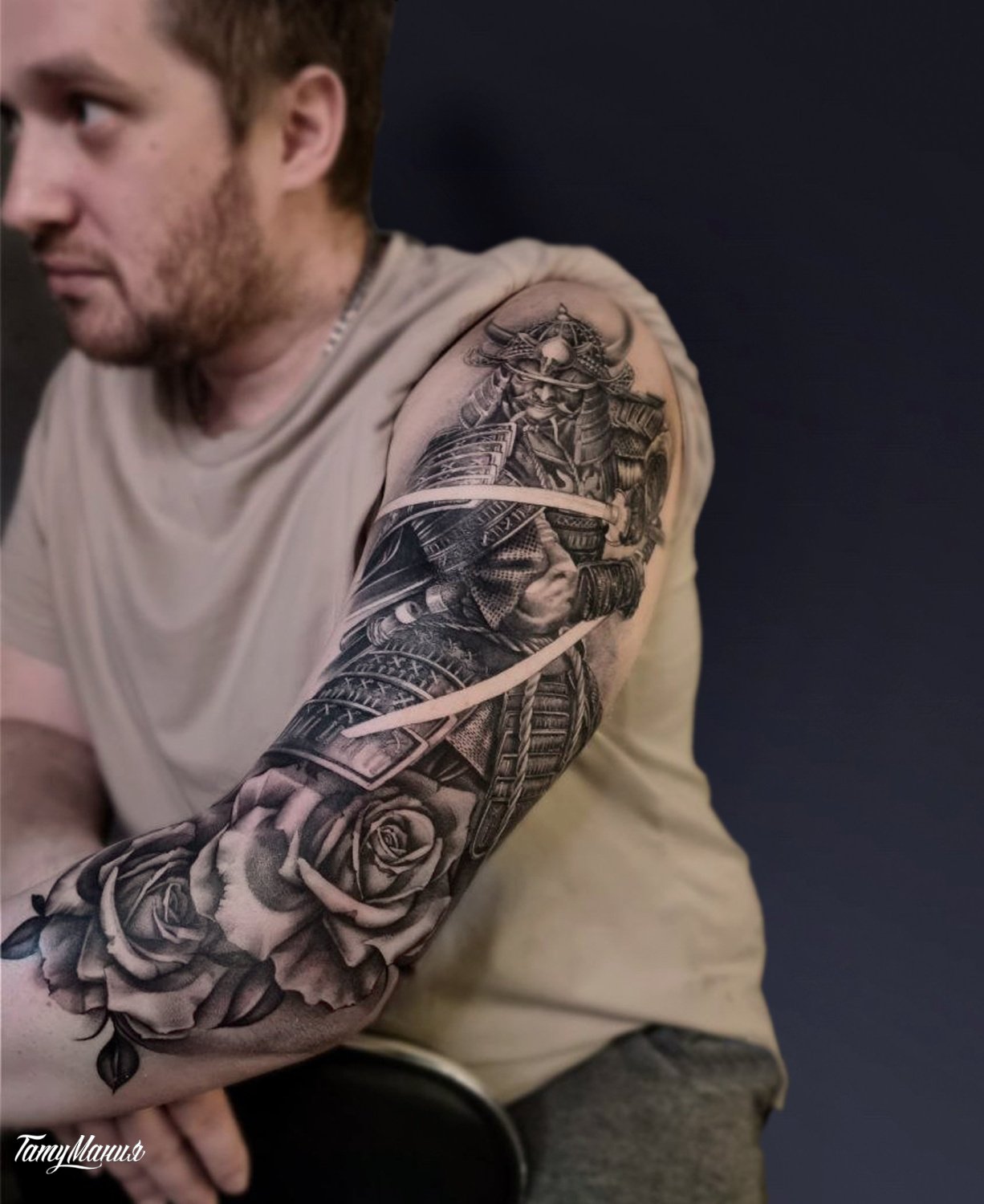 Тату рукав самурай,розы и череп