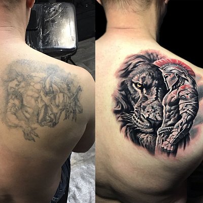 Перекрытие тату лев и гладиатор