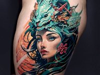 Тату портрет девушки и дракон