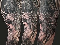 Тату рукав индианка, ворон и волк