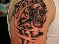 Мужская тату тигр и иероглиф