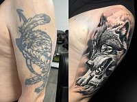 Перекрытие тату волк на плече