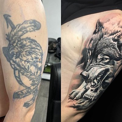 Перекрытие тату волк на плече