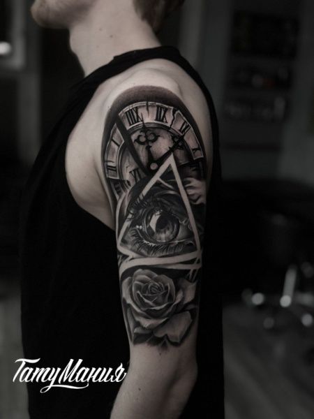 Тату часы,глаз и роза