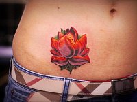 Тату красный лотос на животе