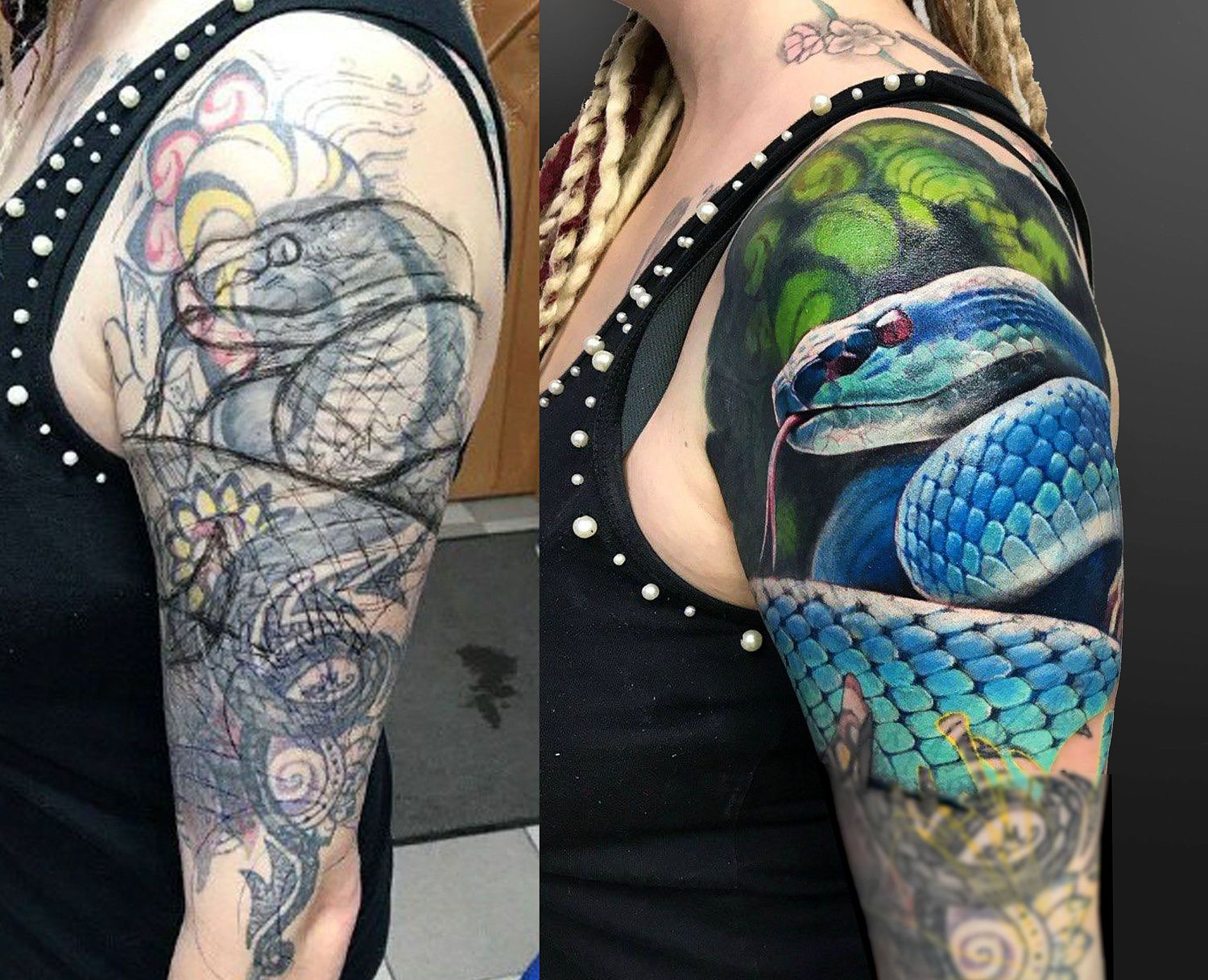 Перекрытие тату змея на плече