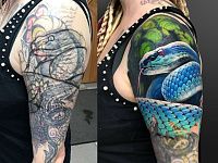Перекрытие тату змея на плече