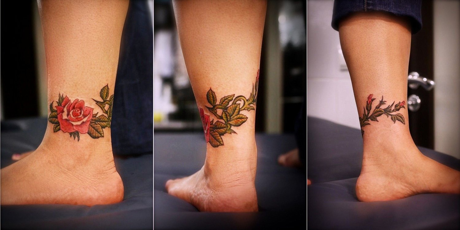 тату ветка с розой - браслет