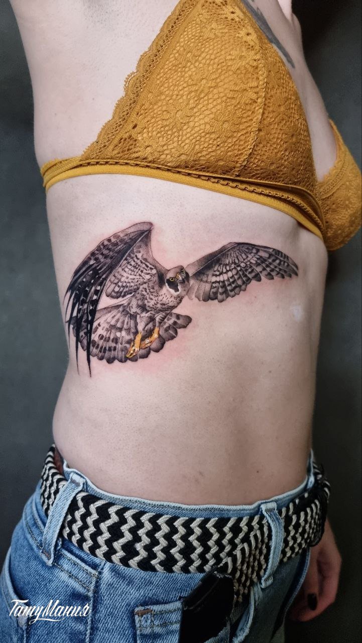 Тату ястреб на ребрах