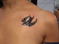 Женская тату на груди ласточка