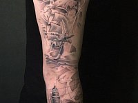 Тату рукав Посейдон и маяк