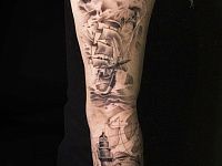 Тату рукав Посейдон и маяк