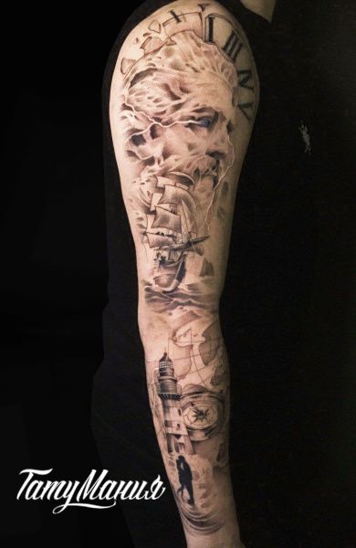Тату рукав Посейдон и маяк