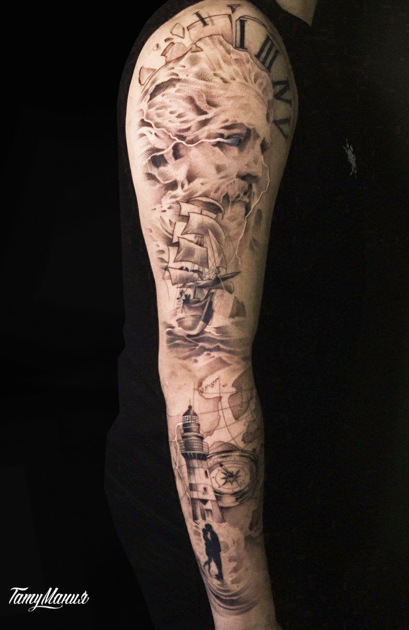 Тату рукав Посейдон и маяк
