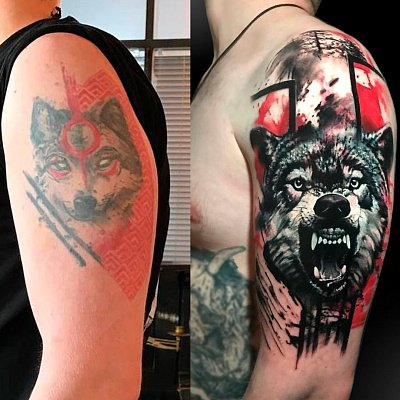 Кавер ап тату волк с оскалом
