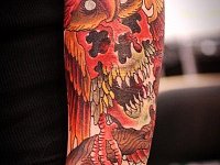 Тату сова и череп в цвете